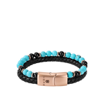 Bracelet Ascona Passion Armband von HERB World – schwarzes Flechtleder mit Türkis- und Onyx-Perlen, roségoldfarbene Schließe mit HERB-Wappen