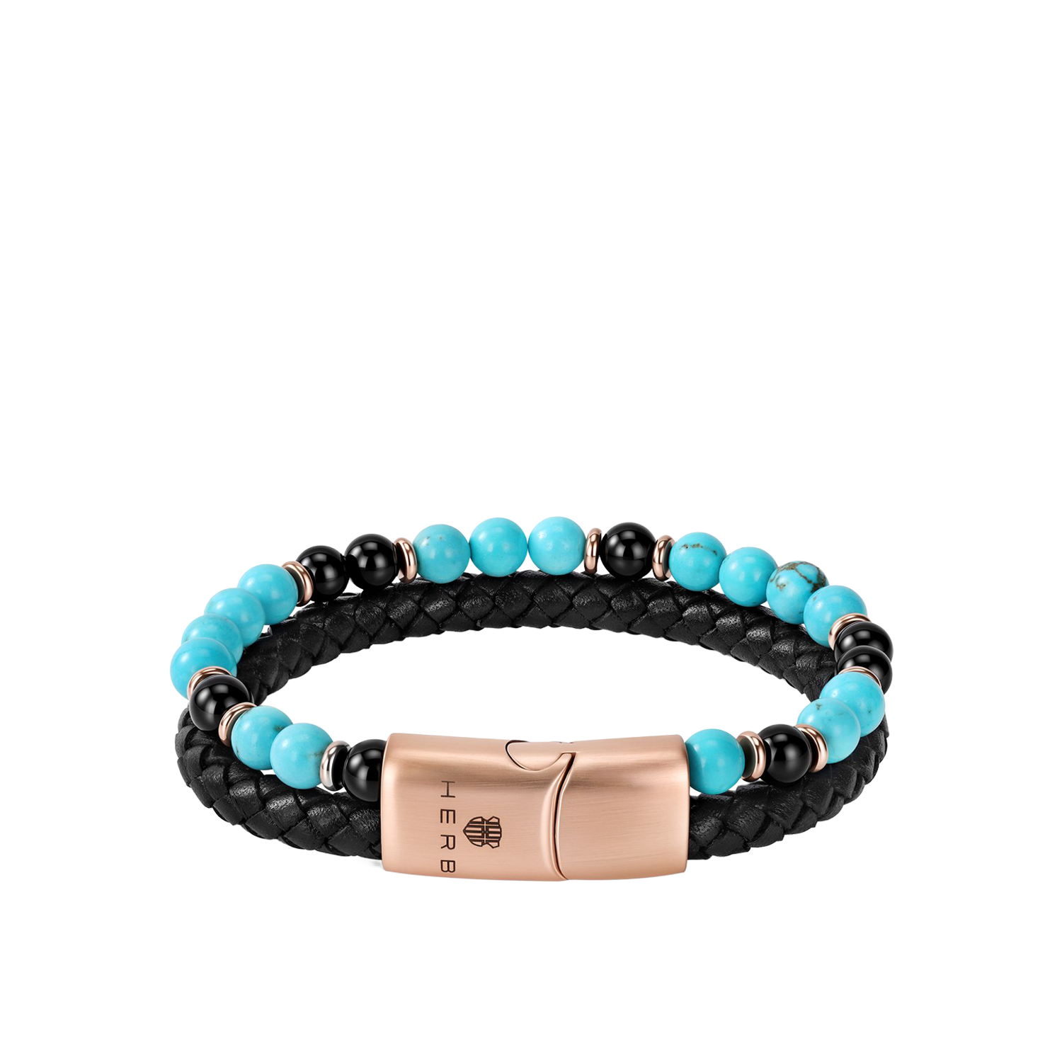 Bracelet Ascona Passion Armband von HERB World – schwarzes Flechtleder mit Türkis- und Onyx-Perlen, roségoldfarbene Schließe mit HERB-Wappen