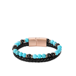 Bracelet Ascona Passion von HERB World – Türkis- und Onyx-Perlen mit roségoldfarbenen Zwischenringen neben schwarzem Flechtleder, Ansicht von oben