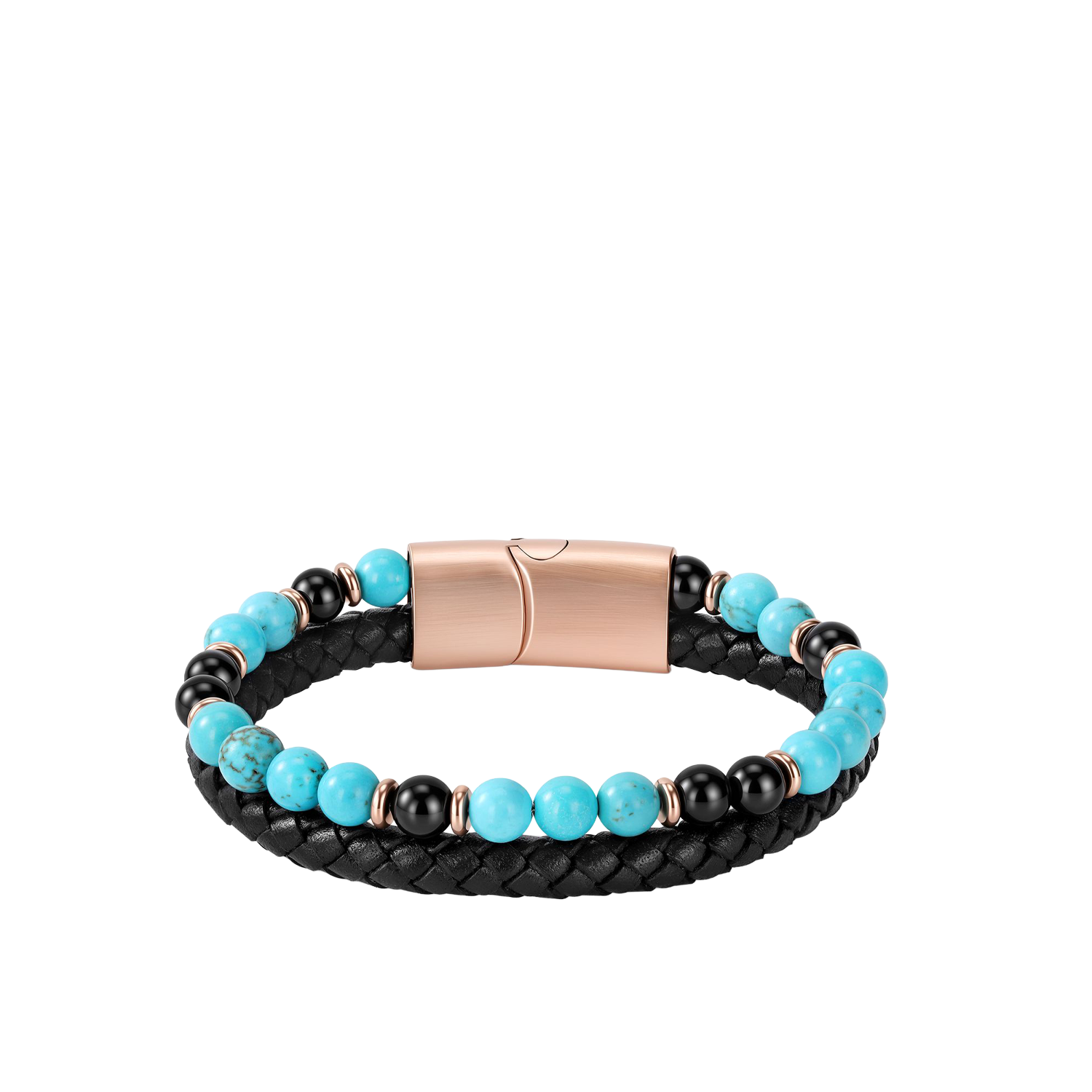 Bracelet Ascona Passion von HERB World – Türkis- und Onyx-Perlen mit roségoldfarbenen Zwischenringen neben schwarzem Flechtleder, Ansicht von oben