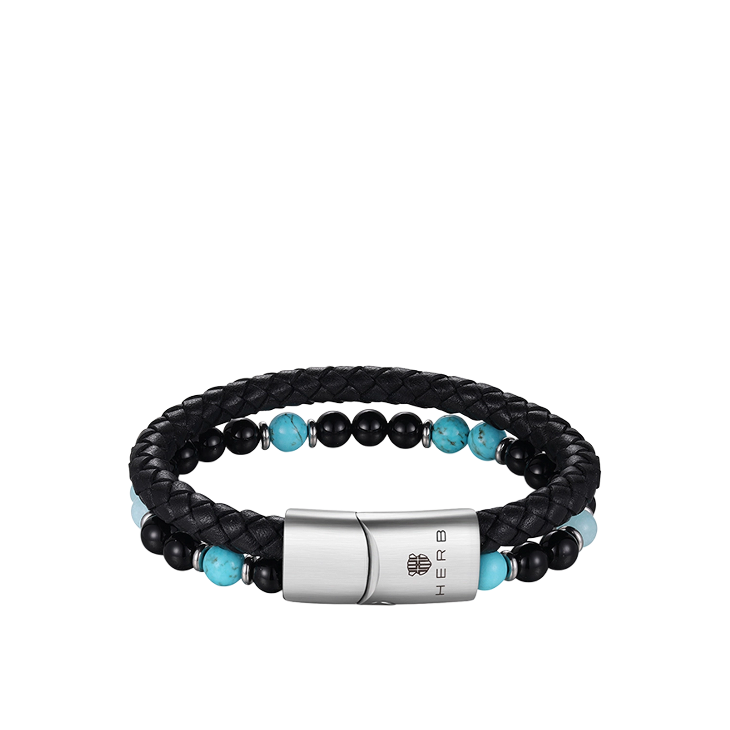 Bracelet Ibiza Focus Armband von HERB World – schwarzes Flechtleder mit Onyx- und Türkis-Perlen, Gesamtansicht