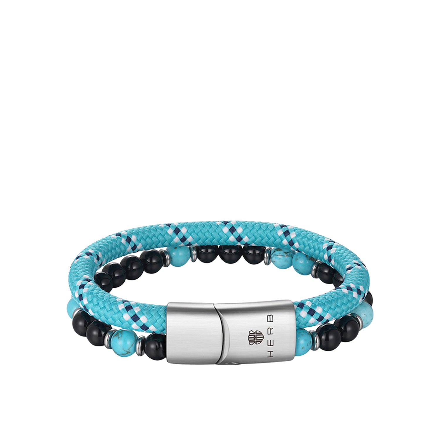 Bracelet Ibiza Hustle Armband von HERB World – türkis-schwarz gemustertes Seil mit Onyx- und Türkis-Perlen, Gesamtansicht