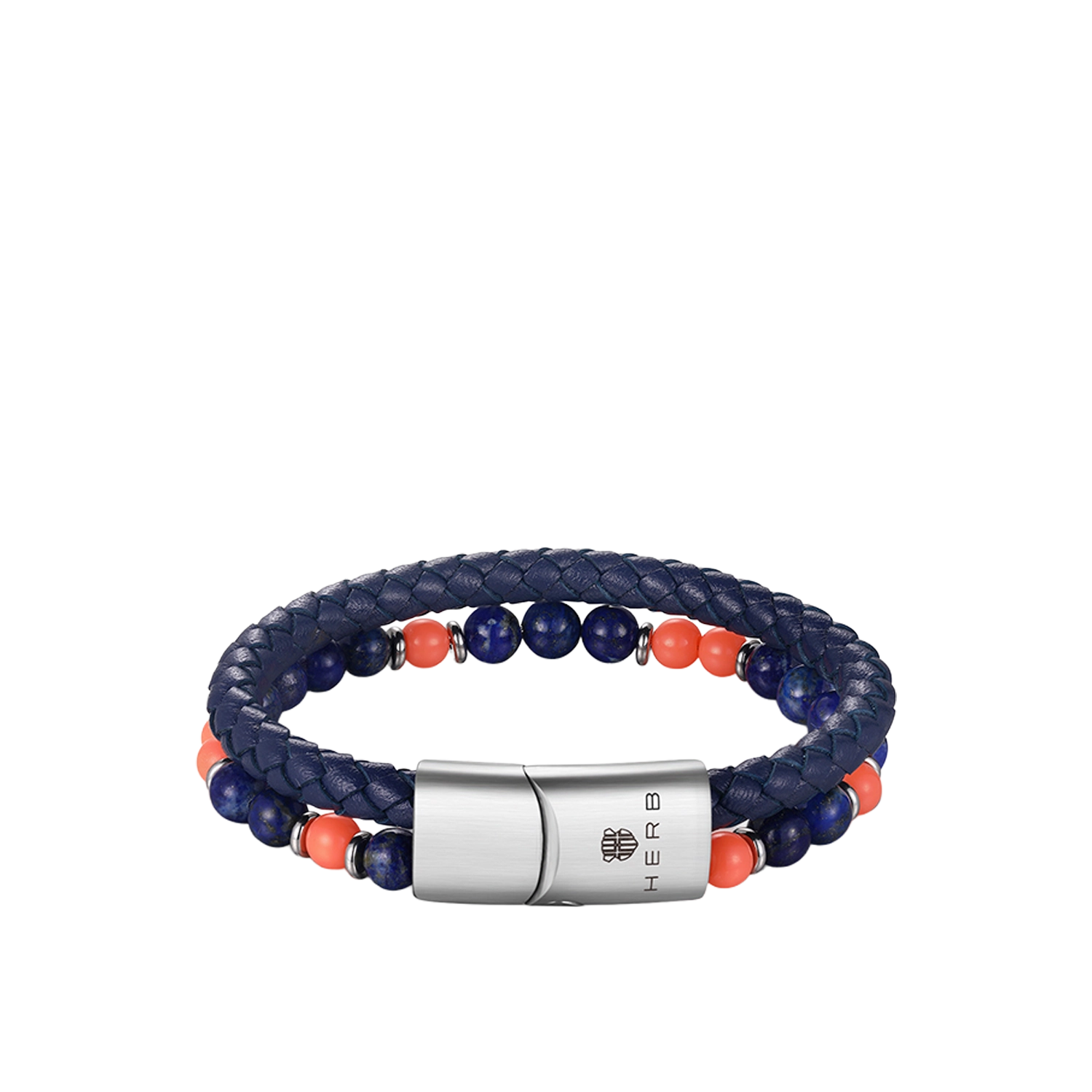 Bracelet St. Tropez Aura Armband von HERB World – dunkelblaues Flechtleder mit Lapis- und orangen Perlen, Gesamtansicht